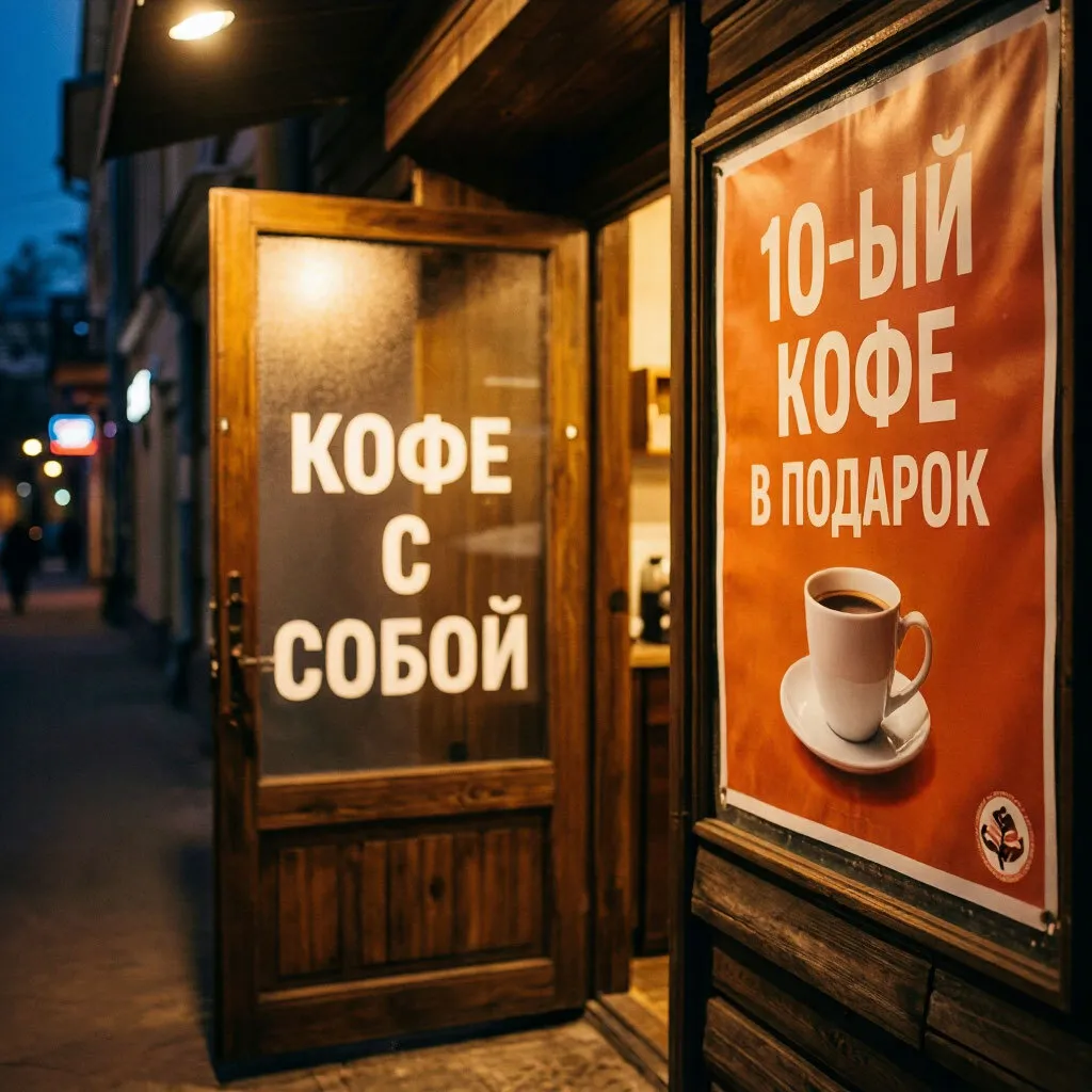 Вход в кофейню: на окне вывеска «Кофе с собой» и «10-й кофе в подарок»