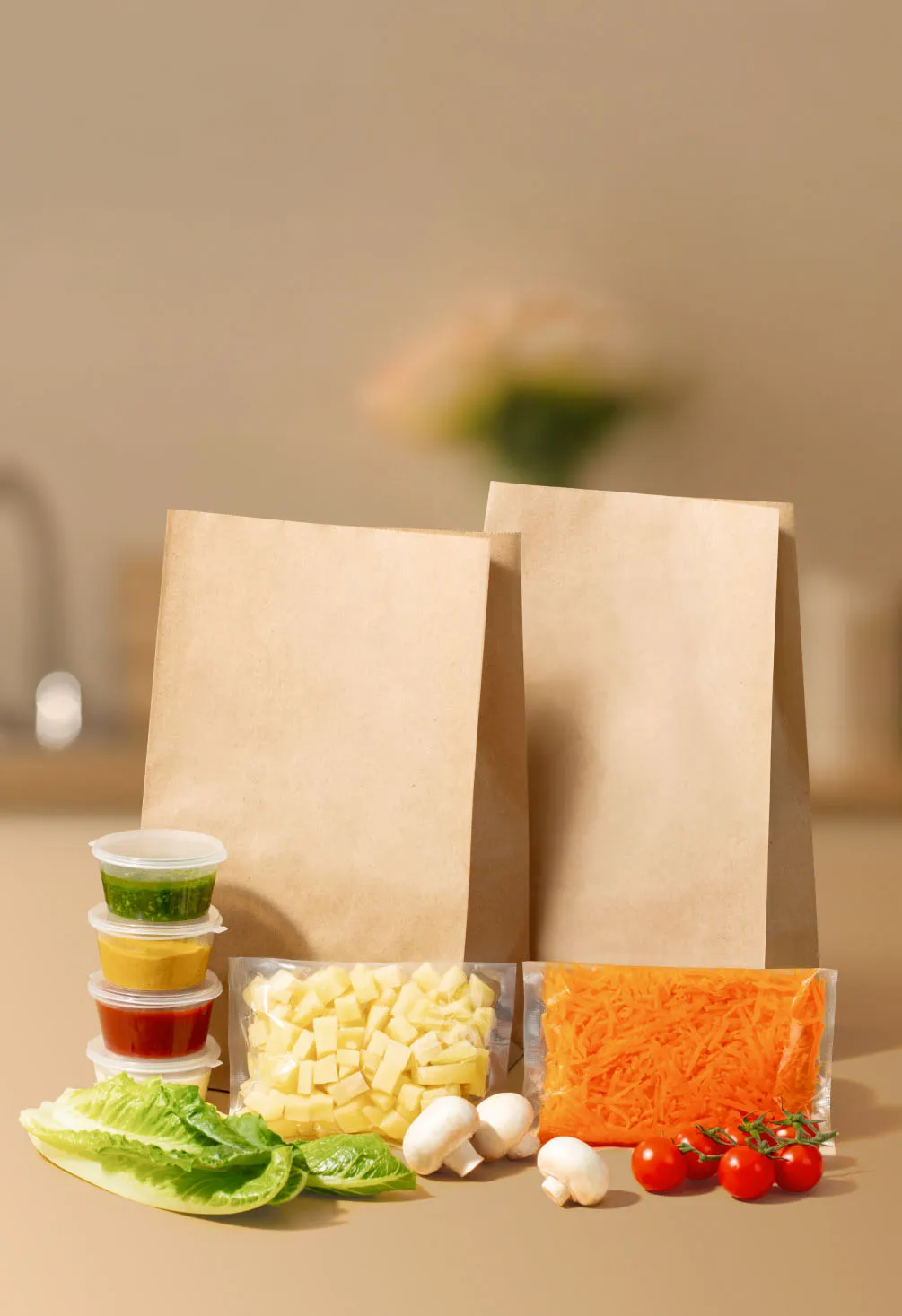Бумажные пакеты с наборами продуктов и овощами