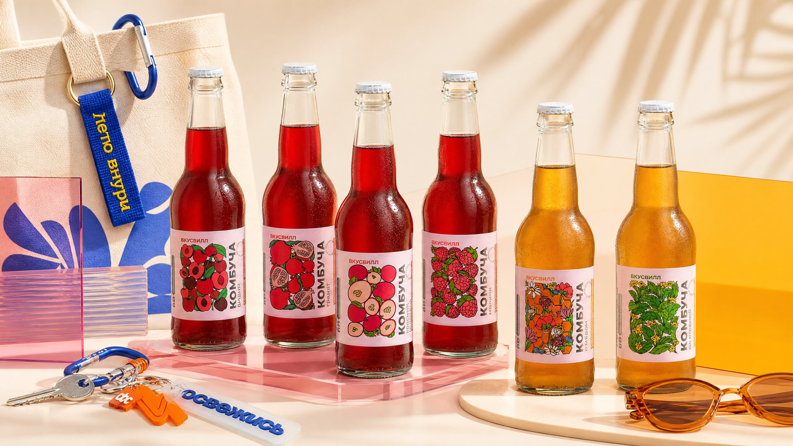 Линейка бутылок комбучи INTERKVASS с разными вкусами