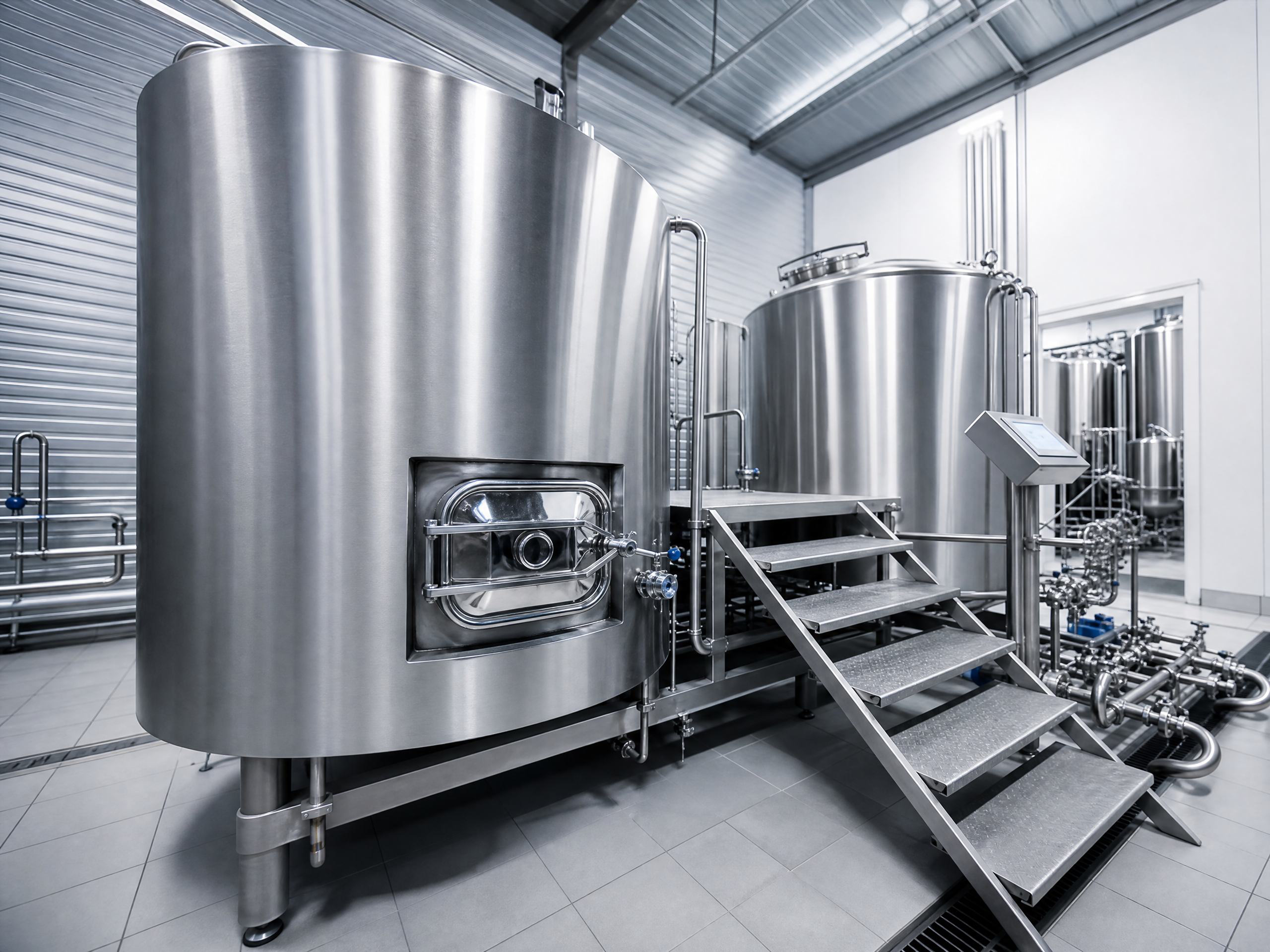 Производственный цех INTERKVASS: стальные ферментёры и трубопроводы