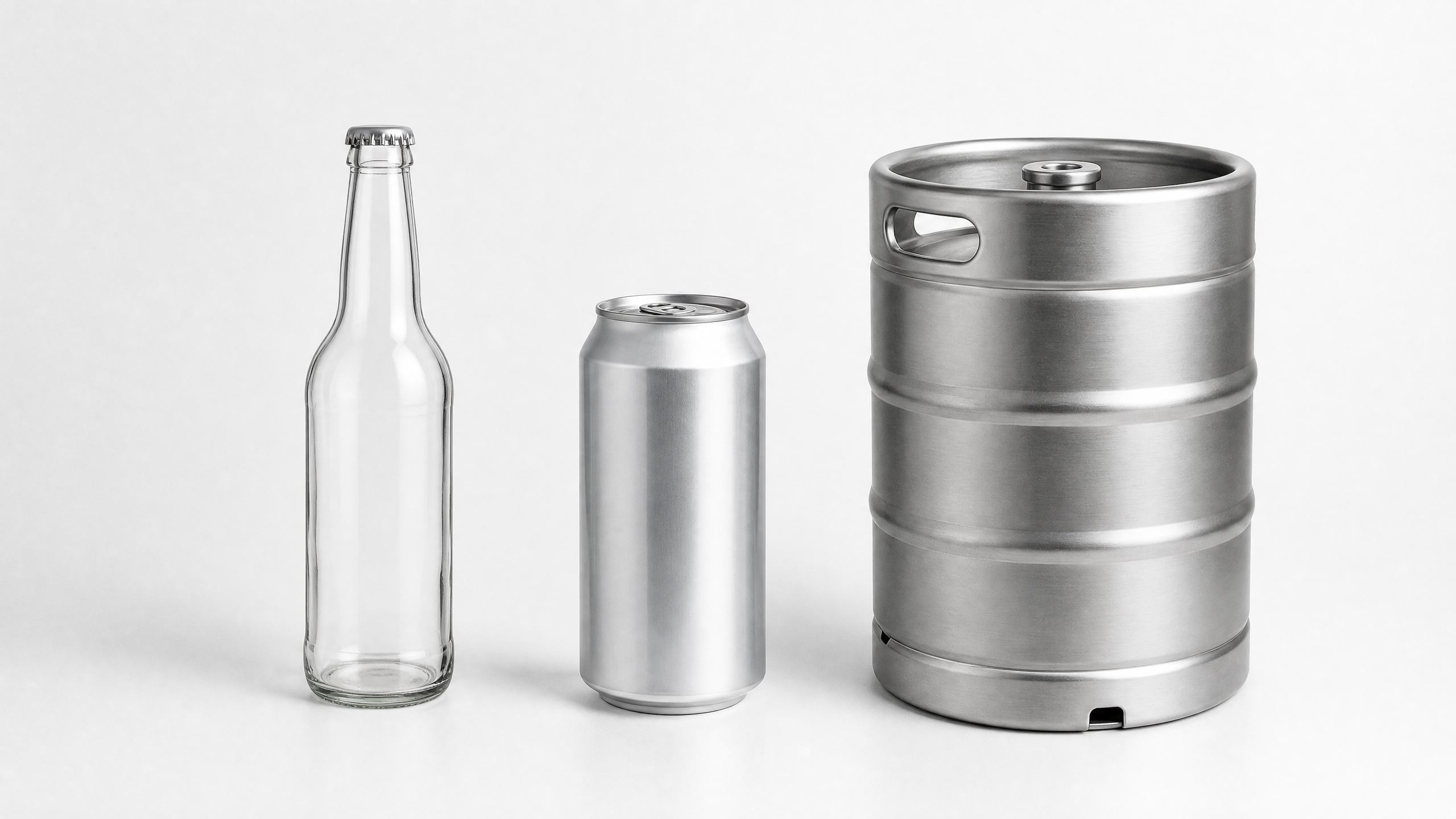 Возможные тары INTERKVASS: стеклянная бутылка, алюминиевая банка и кега