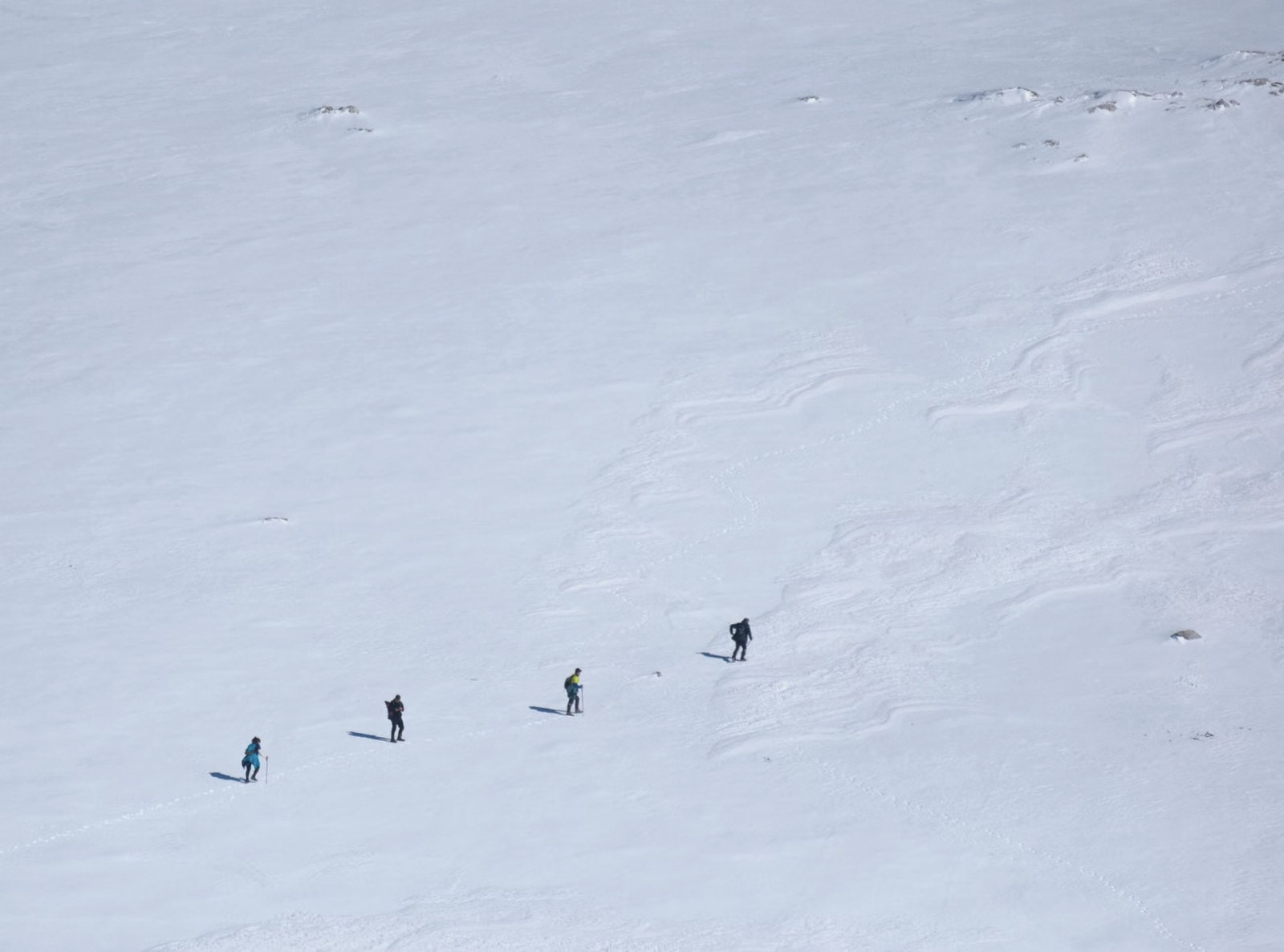 Four trekkers crossing a vast snowfield under a bright, hazy sky