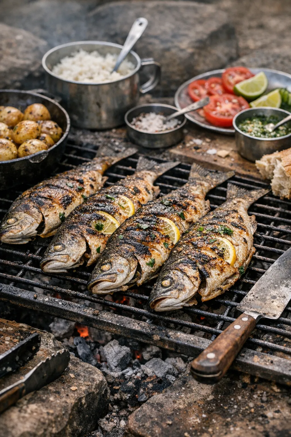 Рыба на гриле с картофелем и соусами