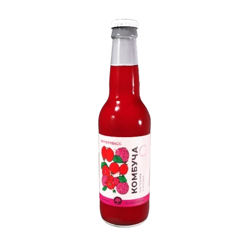 Бутылка комбучи INTERKVASS 0,33 л: рубиновый напиток, фруктовая этикетка